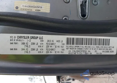 2012 Jeep Compass Sport z USA, uszkodzony, nr VIN 1C4NJCBA5CD579719